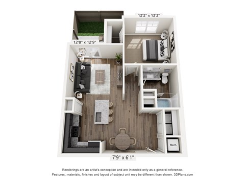 Floor plan for 1 bed, 1 bath, 776 sqft